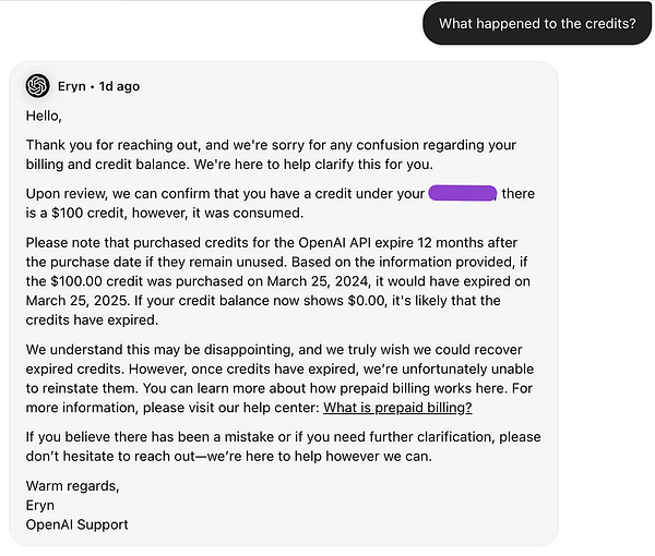 A customer support message from OpenAI regarding credit balance and billing.