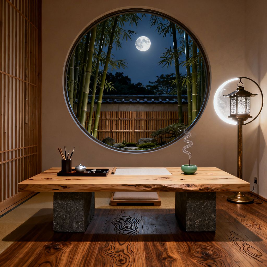 A serene Japanese-style home office features a low live-edge wood writing desk on stone block legs, facing a large circular window that frames a moonlit bamboo garden and bamboo fence. A floor cushion rests on tatami beneath the desk. At right, a brass floor lamp with a halo ring glows beside a lantern, while shoji-style wooden lattice lines the left wall. Dark hardwood flooring shows bold grain, with calligraphy tools and a small incense burner on the tabletop.