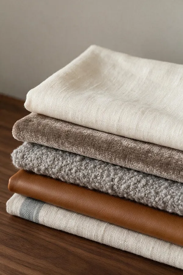 A close-up stack of folded interior textiles in neutral tones sits on a dark wood surface. The fabrics include soft ivory, taupe, gray boucle, caramel leather-like material, and a linen blend with subtle stripe detailing, creating a calm transitional palette.