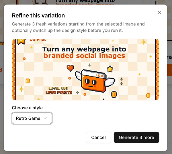 A user interface for refining image variations with a retro game style selection.