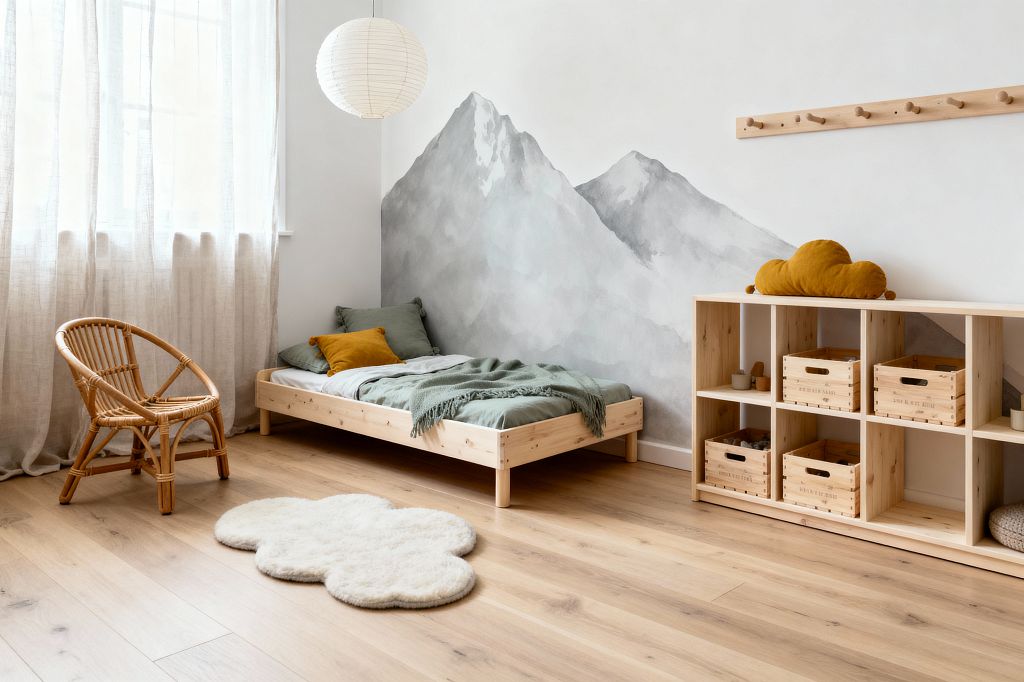 A Scandinavian-style kids’ room with a low pine bed dressed in sage green bedding and a mustard cushion sits against a white wall painted with a gray watercolor mountain mural. The space features light oak flooring, a white cloud-shaped wool rug, and a rattan chair near sheer linen curtains that filter daylight. A white paper lantern hangs above, while a pine cubby unit with wooden crates and a mustard cloud pillow lines the right wall beneath a simple wooden peg rail.