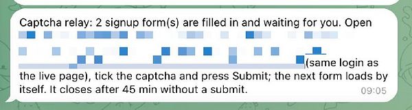A chat screenshot showing instructions to complete two signup forms with captchas as part of a captcha relay process.