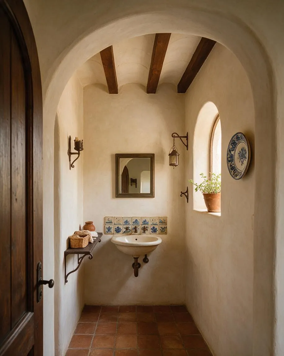 A narrow Mediterranean-style bathroom with smooth cream plaster walls, a vaulted ceiling with exposed dark wood beams, terracotta tile flooring, and an arched window letting in natural light. A small wall-mounted sink sits beneath a square mirror, with blue-and-white decorative tiles, wrought-iron sconces, and a terracotta potted plant on the windowsill.