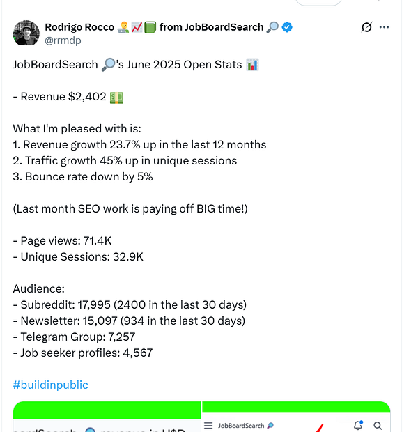A Twitter post detailing the June 2025 open stats for JobBoardSearch.