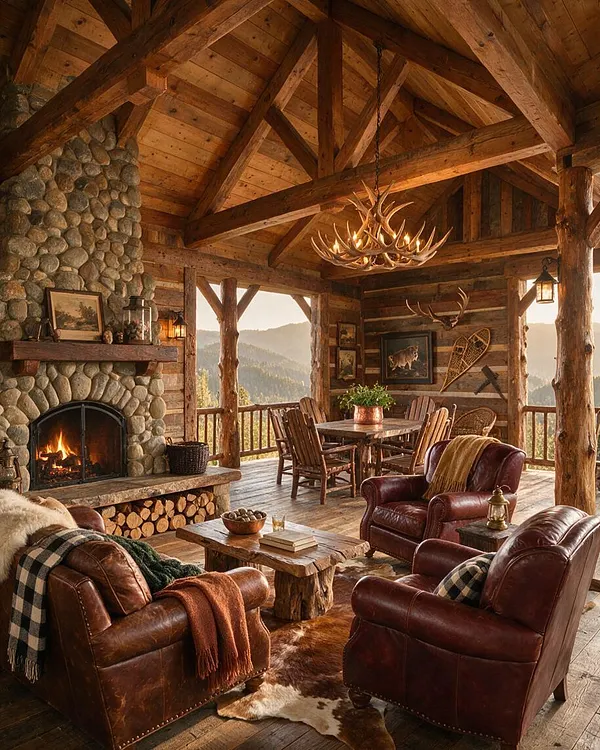 A rustic front porch with exposed wood beams, a stone fireplace, leather seating, and a mounted antler chandelier. The space includes a wood dining table, log accents, and mountain views beyond the open railing.