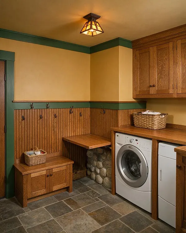 A Craftsman-style basement laundry room with wood wainscoting, built-in oak cabinets, and a slate tile floor. A front-load washer and dryer sit beside a wooden countertop, with a stone-support detail under a small folding ledge and a ceiling-mounted stained-glass light.