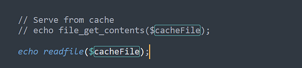 The image displays a code snippet illustrating a change in PHP file handling functions.