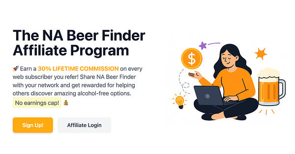 Promotional graphic for the NA Beer Finder Affiliate Program highlighting commission opportunities.
