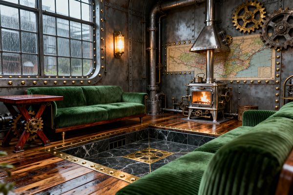 A steampunk living room pairs two emerald green velvet sofas with a sunken black marble floor panel edged in brass, set against riveted steel walls with exposed pipes, oversized gears, and a vintage map. A compact metal wood-burning stove glows beside a cage-style wall sconce and a large industrial window streaked with rain, while polished hardwood, a gear-trim side table, and abundant brass hardware heighten the moody, retro‑futurist atmosphere.