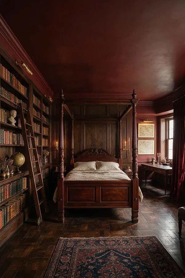 A dark academia master bedroom with a carved four-poster wooden bed centered against paneled walls, surrounded by floor-to-ceiling bookshelves on the left and a desk by the window on the right. The room features a deep burgundy ceiling, dark wood flooring, candle-style wall lights, a ladder, framed maps, and an ornate Persian-style rug.