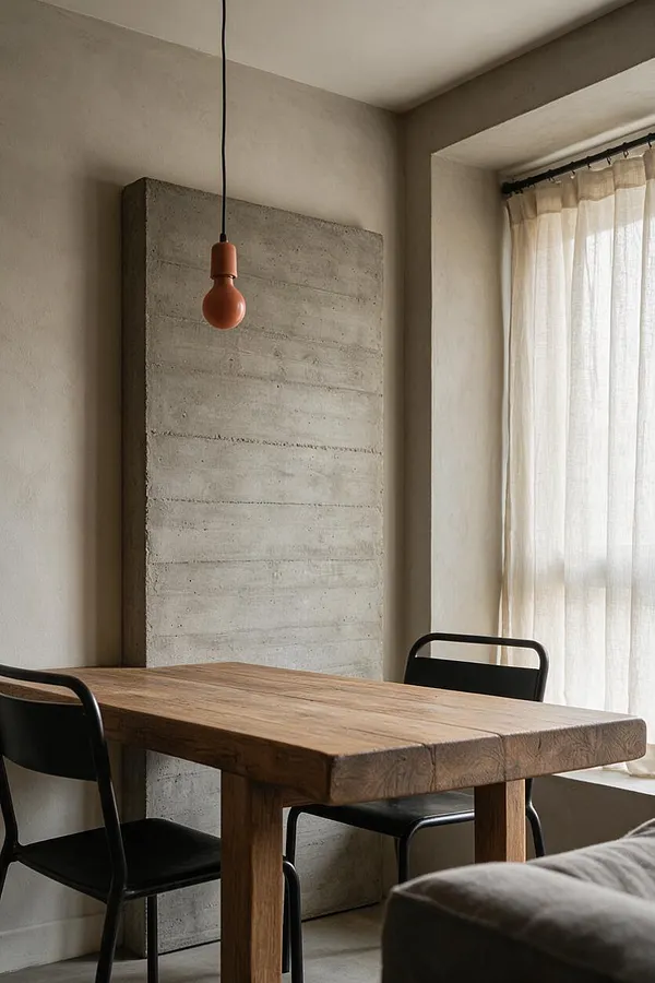 A minimalist dining room features a thick wooden table with black metal chairs, a raw concrete wall panel, and a single hanging bulb. Soft beige walls and sheer curtains filter daylight, creating a warm, restrained atmosphere.