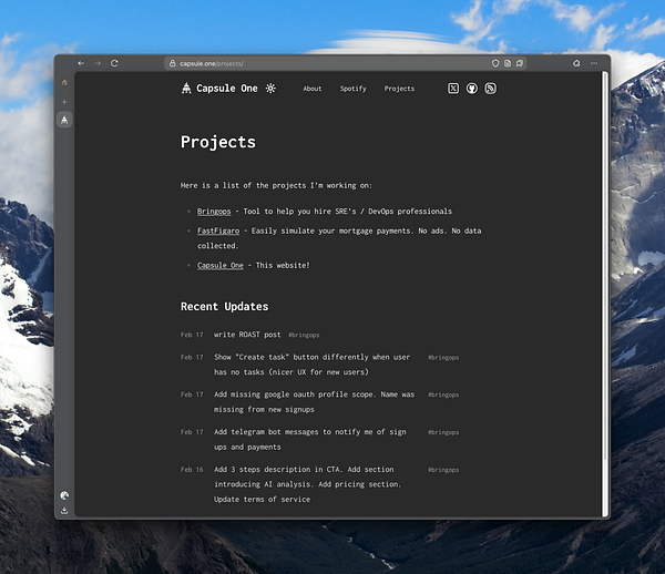 The image displays a projects page from the Capsule One website, featuring a list of ongoing projects and recent updates.