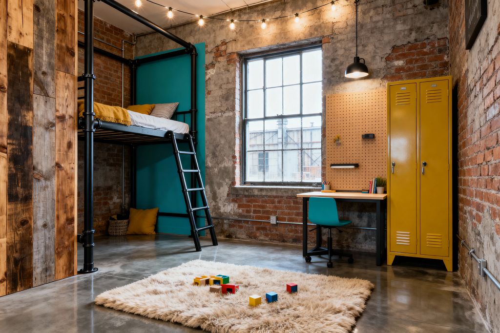 A kids' bedroom with an industrial look features a black steel pipe loft bed against a teal wall panel, mustard bedding, and a ladder, set within a room of exposed brick and distressed concrete. A large factory window, string lights, and a black pendant illuminate a study area with a wood desk, plywood pegboard, teal chair, and yellow metal locker, while a cream shag rug and toy blocks soften the polished concrete floor.