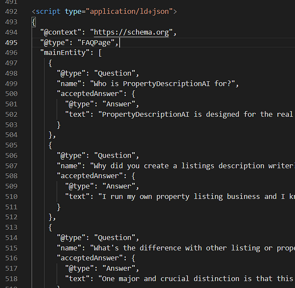 The image displays a code snippet for implementing FAQs Schema in JSON-LD format.