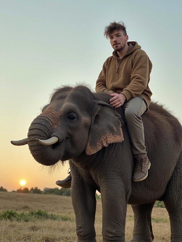 A person is riding an elephant during sunset in a serene outdoor setting.