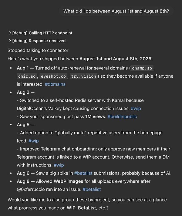 The image displays a detailed log of tasks and updates from August 1st to August 8th, 2025.