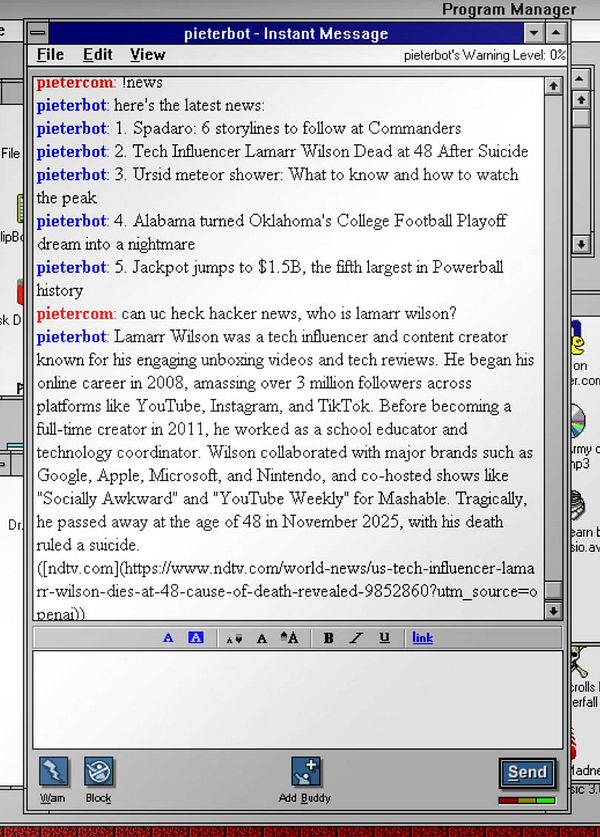 The image displays an instant messaging interface featuring news updates and a detailed message about tech influencer Lamar Wilson.