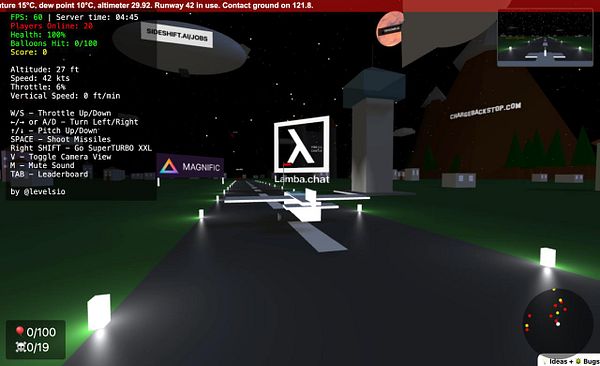 A virtual game interface displaying flight controls and a runway scene with various billboards.