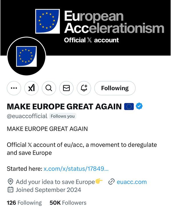 The image displays a social media profile for the European Accelerationism movement.