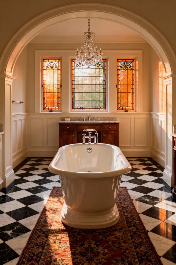 A traditional bathroom features a freestanding pedestal tub centered on a red Persian-style runner beneath a crystal chandelier, set within an arched alcove. Behind the tub, a walnut vanity with a marble top sits below three leaded stained-glass windows, while paneled ivory walls and a black-and-white checkerboard marble floor create a classic, symmetrical composition flooded with warm light.