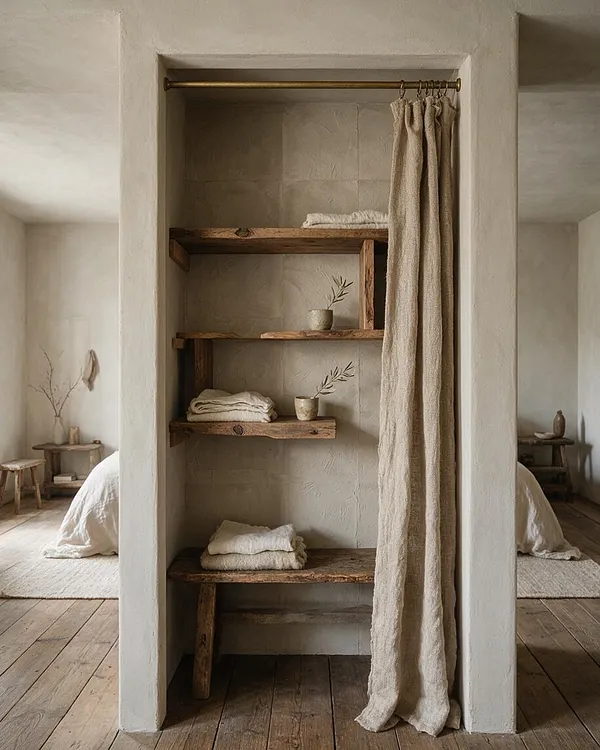 A minimalist closet nook with rough plaster walls, reclaimed wood shelves, and a brass hanging rod at the top. Soft beige linen curtains partially cover the right side, while folded neutral textiles and small ceramic vessels sit on the open shelves.