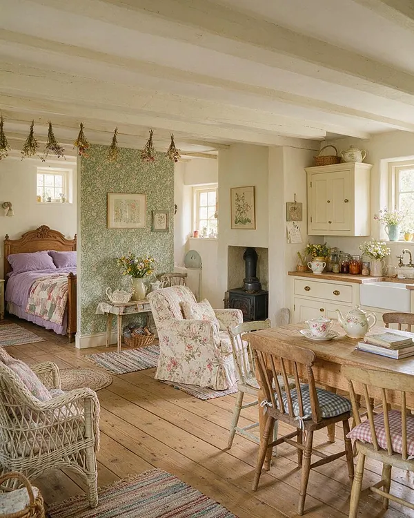 A cozy studio apartment combines a sleeping nook, seating area, and small kitchen in one open room. Floral fabrics, wicker chairs, a rustic wooden dining table, cream cabinetry, and a black cast-iron stove create a warm cottagecore atmosphere with soft daylight and dried flowers hanging from the ceiling.