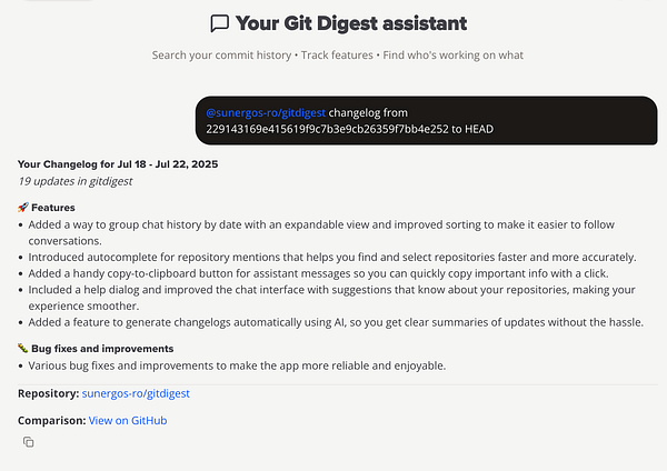 The image displays a changelog for a Git-related application, summarizing updates and features from July 18 to July 22, 2025.