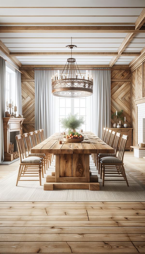 An expansive, rustic wooden harvest table set in a bright, airy dining room, surrounded by a mix of modern and traditional chairs.