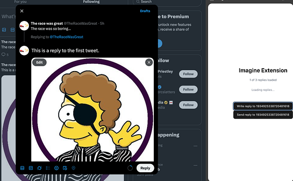 The image displays a Twitter interface showing a tweet reply with an embedded image of a cartoon character.