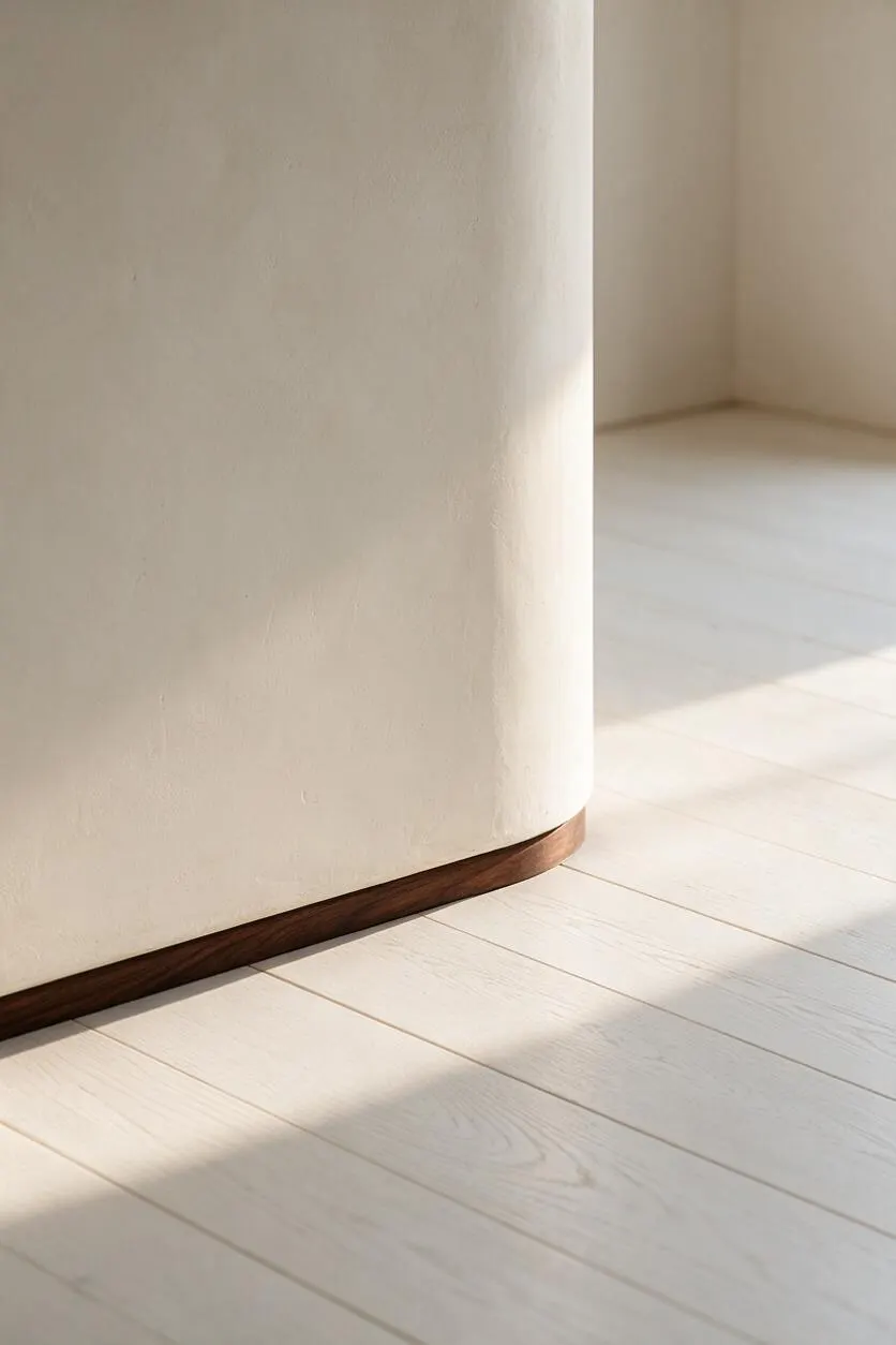 A close-up of a softly curved off-white plaster wall meeting pale whitewashed floorboards, with a slim walnut wood trim at the base. Warm sunlight casts gentle shadows across the floor, emphasizing the calm, minimalist Organic Modern feel.