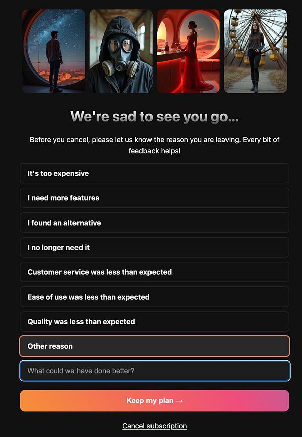 The image displays a cancellation feedback form with various options for users to select their reason for leaving.
