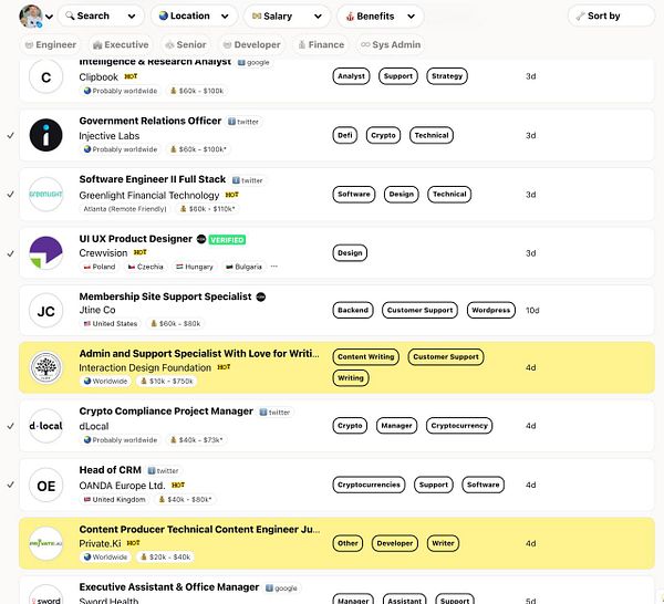 The image displays a job listing interface with various remote job opportunities.