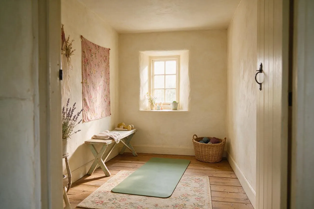 A narrow cottage-style home gym with soft cream plaster walls, a small window centered on the back wall, and warm wooden floorboards. A pale green exercise mat lies on a floral rug, with a rustic bench, wicker basket, and dried flowers adding a cozy, handcrafted feel.