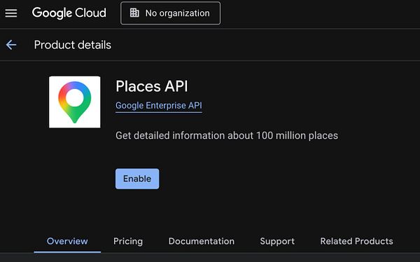 Screenshot of Google Cloud Platform's API library page highlighting the Places API under Maps.