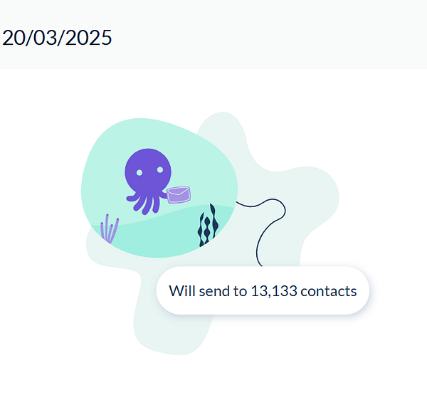 A colorful illustration featuring an octopus preparing to send a newsletter to a large number of contacts.