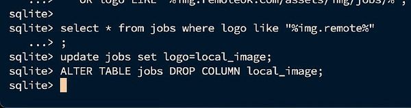The image displays a terminal interface showing SQLite commands related to database management.