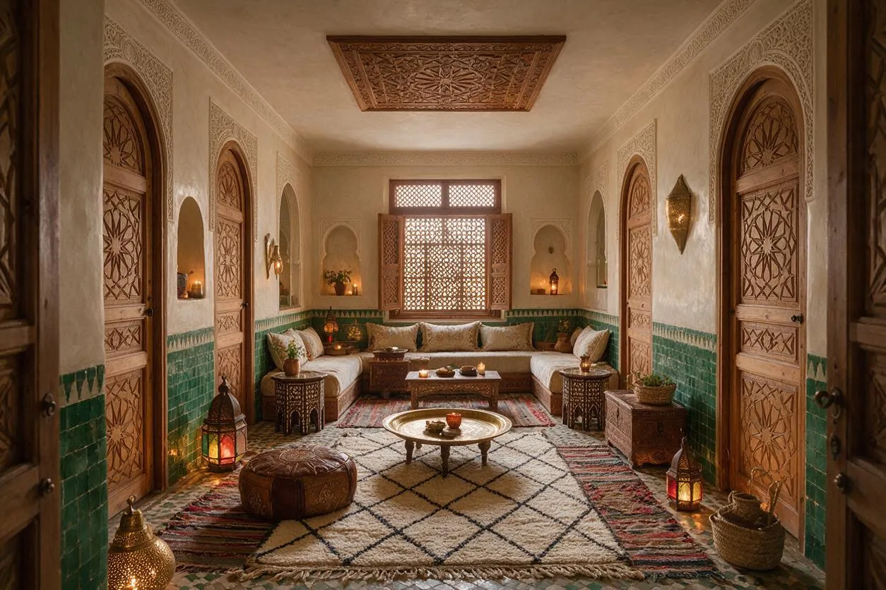 A Moroccan-style closet room with carved wooden doors, arched wall niches, and green zellige tile wainscoting. The space includes a built-in seating area with cushions, layered rugs, brass lanterns, and warm ambient lighting.