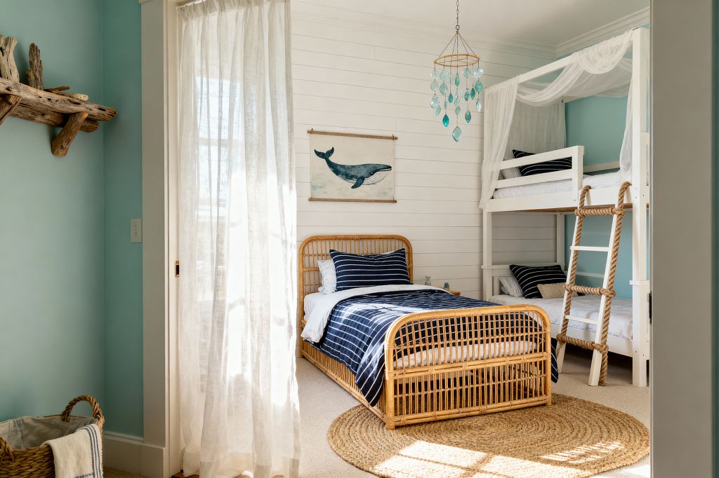 Sunlit coastal kids' room with a natural rattan twin bed in front of a white shiplap wall, navy-and-white striped bedding, and a whale print above. A white bunk bed with draped sheer canopy and a rope-sided ladder stands to the right, while sea-glass pendant, jute rug, driftwood shelf, aqua walls, linen curtains, and baskets complete the beachy look.
