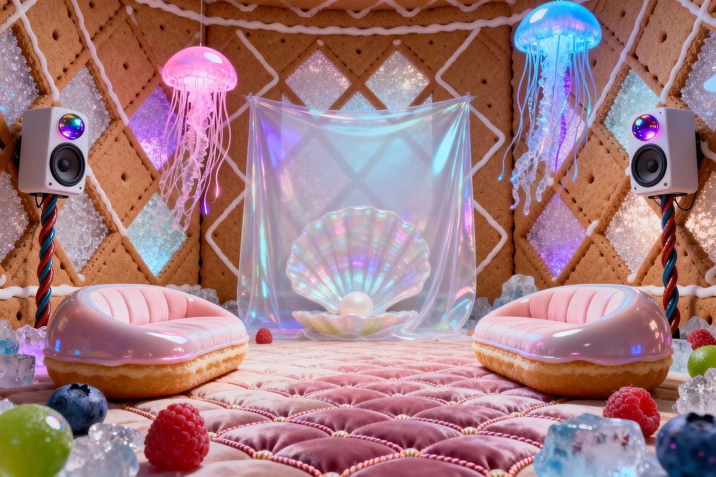 A whimsical media room styled like a candy house features gingerbread-pattern walls piped with white icing and glittering sugar-diamond insets. Two pink donut-like chaise sofas face a small stage draped in iridescent sheer fabric and centered by a pearlescent clamshell with a pearl. Pink and blue jellyfish pendant lights glow above, white speakers stand on candy-cane poles, and the plush quilted pink floor is scattered with crystal-like candy pieces and berries.