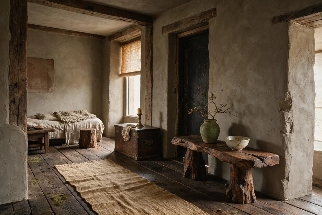 A rustic entryway in wabi-sabi style with plastered walls, exposed timber beams, and a dark wooden floor. A live-edge wood bench, vintage chest, woven rug, and simple ceramic vase create a calm, timeworn atmosphere with soft natural light from the windows.