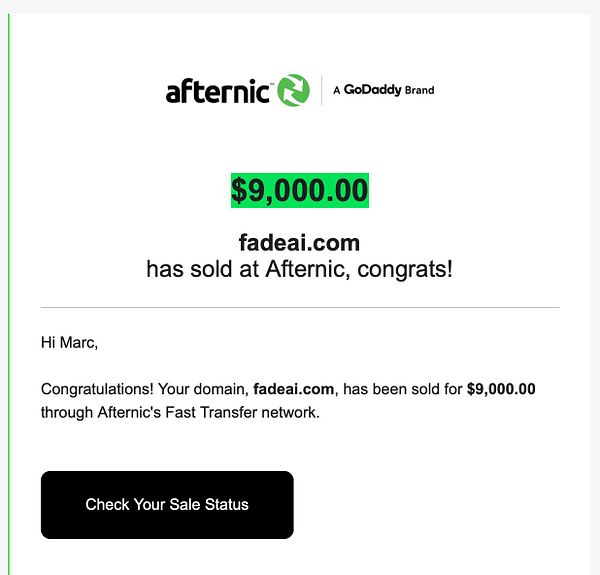 An email notification confirming the sale of the domain fadeai.com for $9,000.