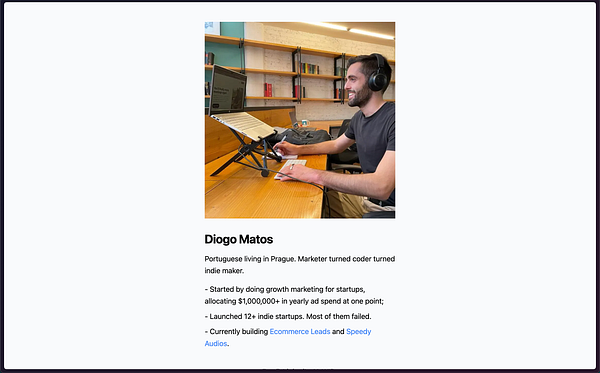 A personal website homepage with a simple, modern design is shown, featuring a photo, navigation bar, introduction, skills, and projects.