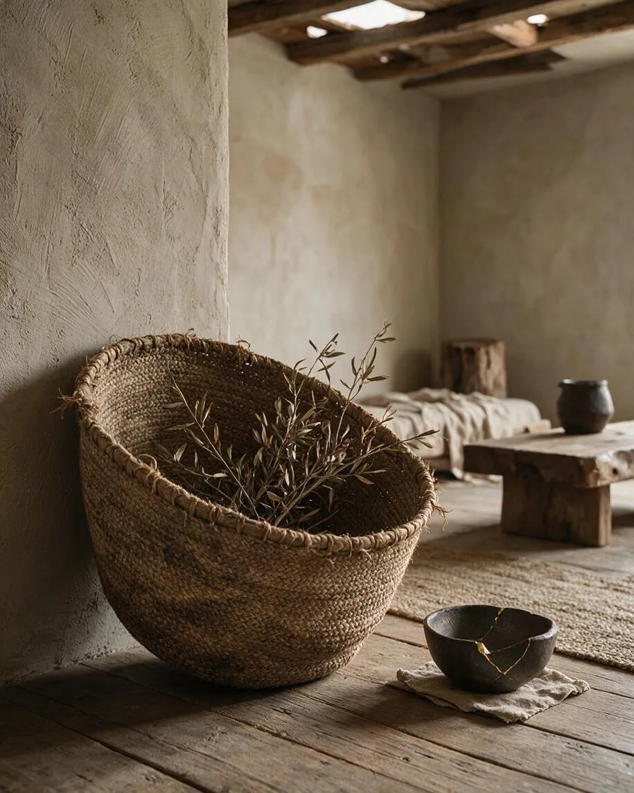 A rustic wabi-sabi room with plaster walls, weathered wood flooring, and a large woven basket filled with dried branches leaning against the wall. A small cracked ceramic bowl sits on a cloth beside a low wooden table, with a simple bed or bench and neutral textiles in the background.