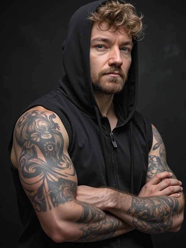 A muscular man with intricate tattoos poses confidently in a black sleeveless hoodie.