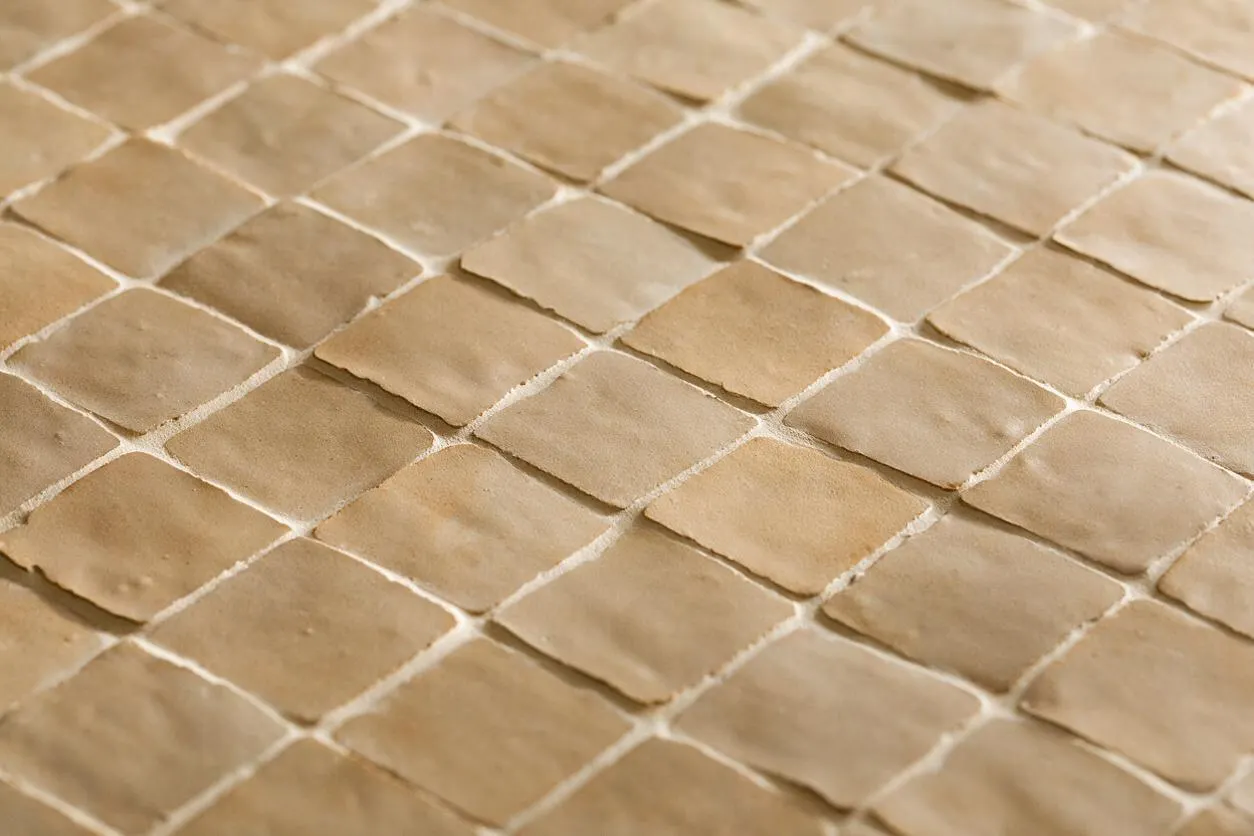 A close-up view of small square handmade tiles in warm beige and sand tones, arranged in a staggered grid with slightly uneven edges and subtle surface variations. The natural texture and soft matte finish create an earthy, organic modern look.