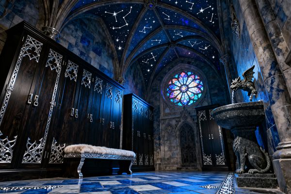 A cathedral-like mudroom features ribbed stone arches and a midnight-blue vaulted ceiling painted with glowing constellations. Tall dark-wood lockers trimmed in silver Gothic tracery face a carved bench with a pale fur cushion on a blue-gray marble floor; a gargoyle fountain on a lion pedestal stands near a multicolored stained-glass rose window, with cool blue lighting and ring-pull hardware reinforcing the dramatic medieval aesthetic.
