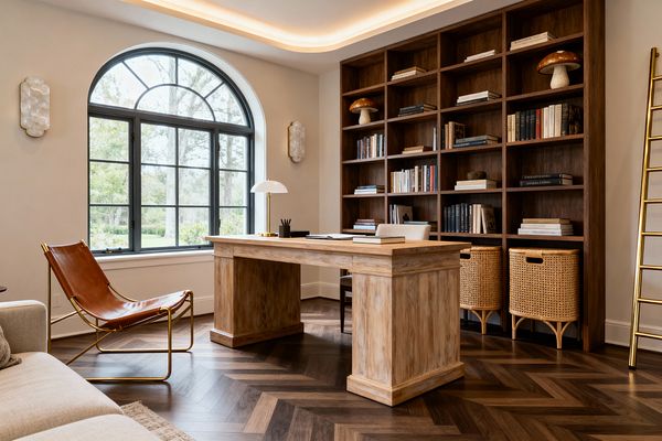 A serene home office features a light oak pedestal desk set before a full wall of walnut built-in shelves. To the left, a black metal arched window overlooks greenery. The room includes dark herringbone wood floors, a cognac leather sling chair with a brass frame, and a neutral upholstered desk chair. Warm cove lighting and two alabaster sconces illuminate the space, with a white dome desk lamp on a brass base and rattan baskets on the lower shelves.