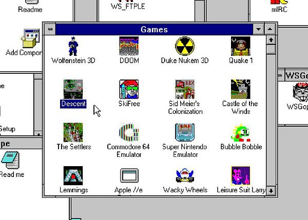A computer interface displaying a games menu with various classic titles.
