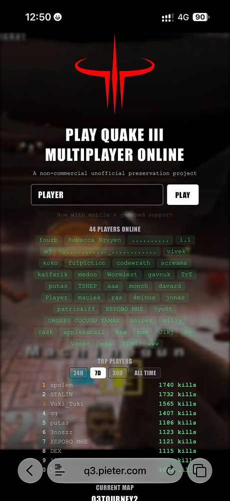 Mobile webpage showing the Quake III Multiplayer Online player list and top players leaderboard.