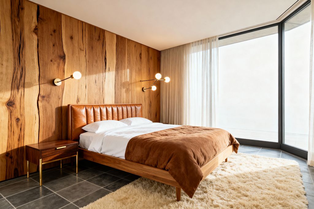 A mid-century modern bedroom features a low teak bed with a cognac, channel-tufted leather headboard set against live-sawn oak wall paneling. A walnut nightstand with brass legs and brass globe sconces sits beside the bed, while floor-to-ceiling corner windows with sheer curtains bring in abundant daylight over charcoal tile flooring and a plush ivory shag rug with crisp white bedding.